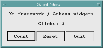 Athena counter with flat Count, Reset and Quit buttons beneath a click total.