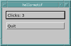 The tutorial's Motif application, with a Clicks: 3 button above a Quit button.