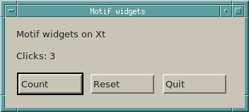 Motif counter with bevelled Count, Reset and Quit buttons and a click total.