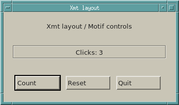 Xmt counter showing a framed click total above Motif Count, Reset and Quit buttons.