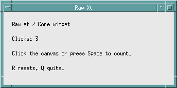 Raw Xt counter: text drawn directly on a plain canvas, showing three clicks and mouse and keyboard instructions, with no button widgets.